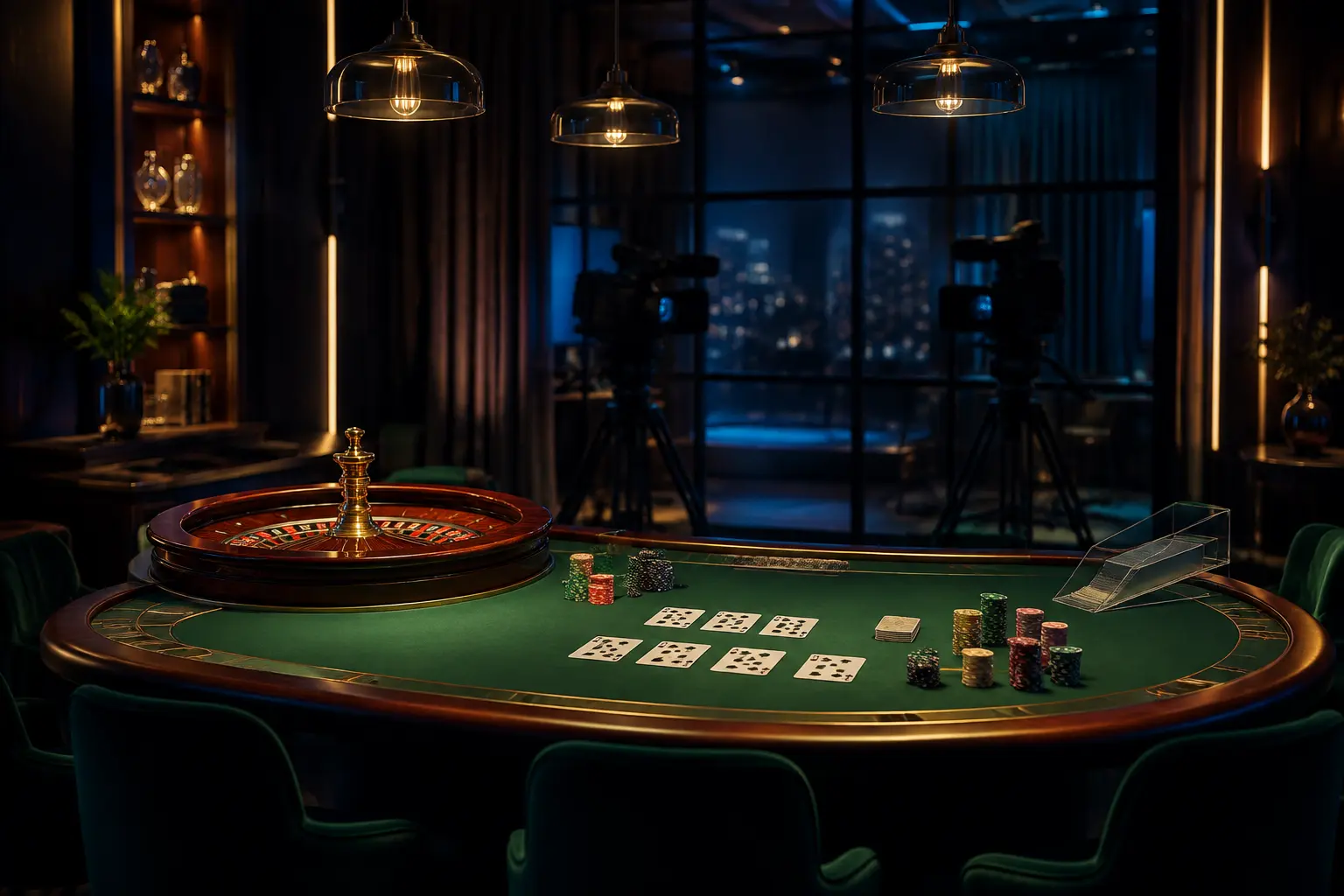 Studio kasino live generik dengan meja hijau, roulette dan kamera