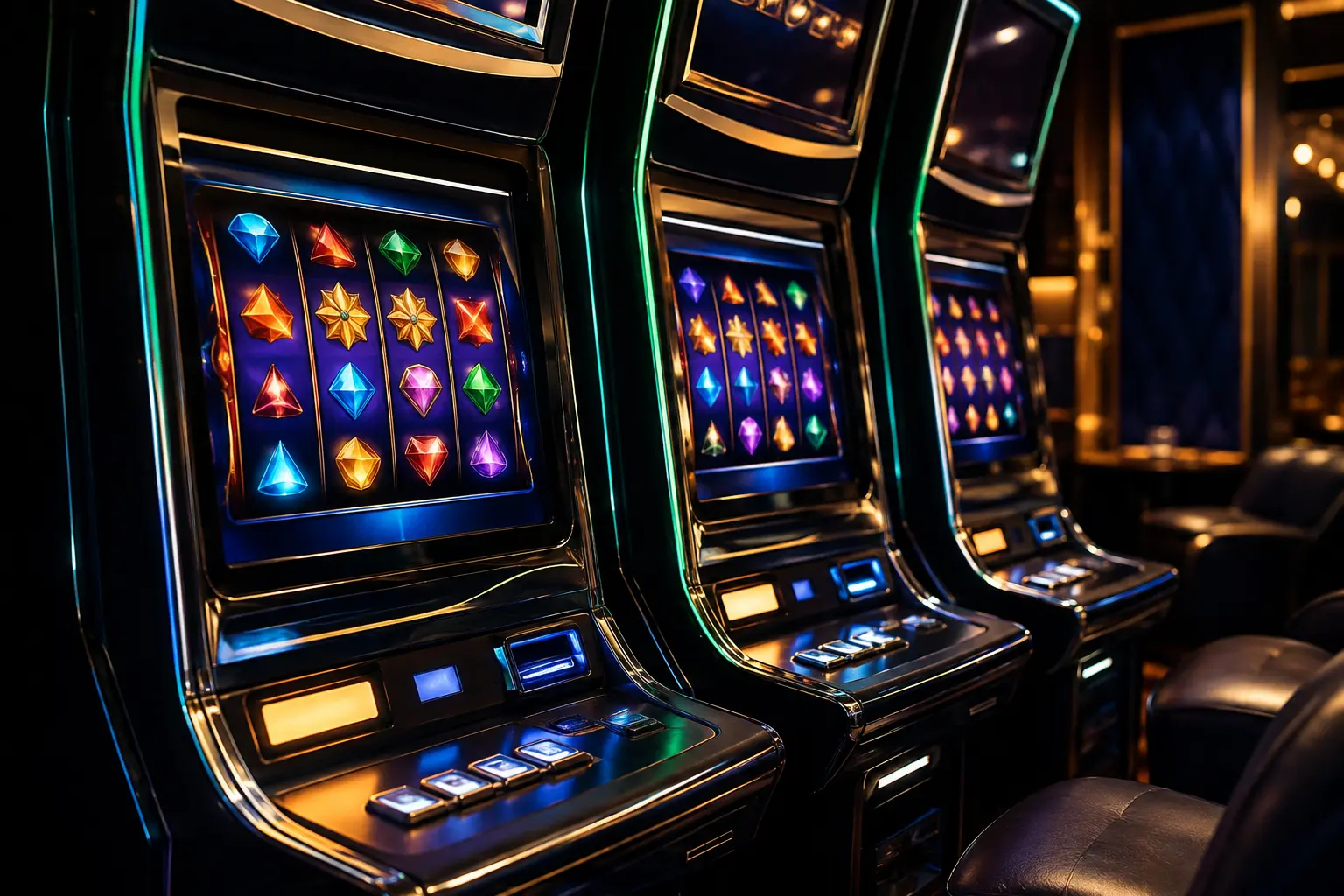 Deretan mesin slot generik dengan simbol warna-warni di ruang permainan gelap
